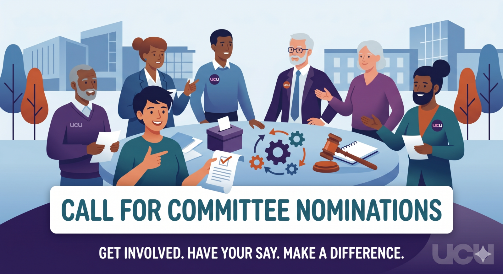 Call for nominations showing people around a table - ai generated.